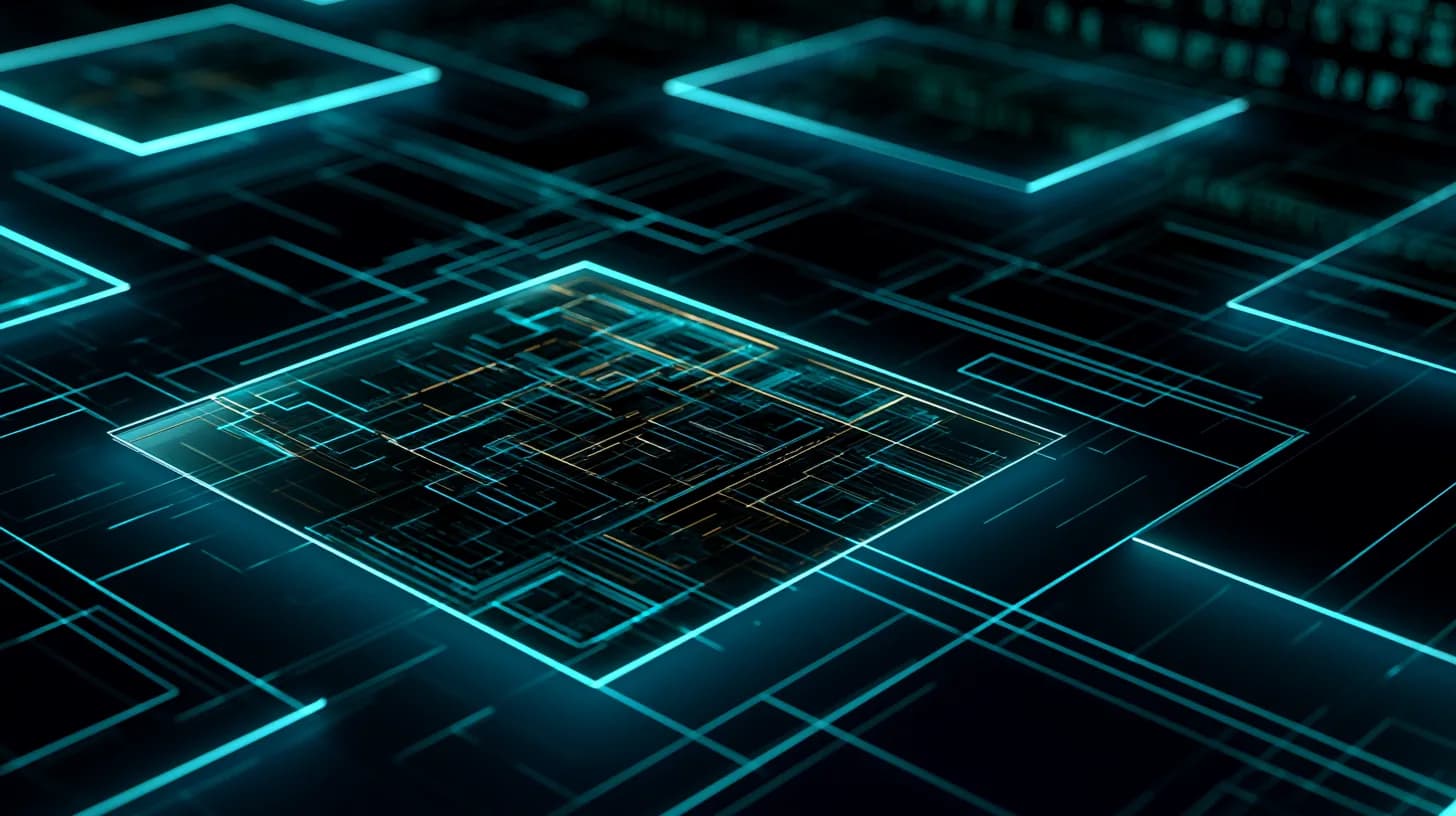 Close-up of an AI accelerator silicon wafer glowing teal against a dark Bloomberg-style backdrop
