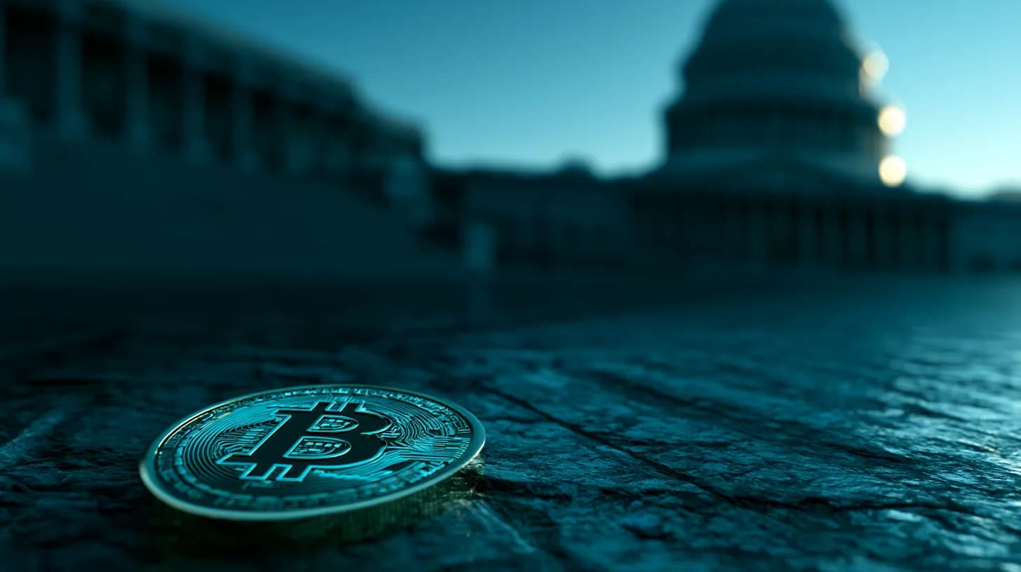 U.S. Capitol dome at golden hour with a physical bitcoin coin on marble steps