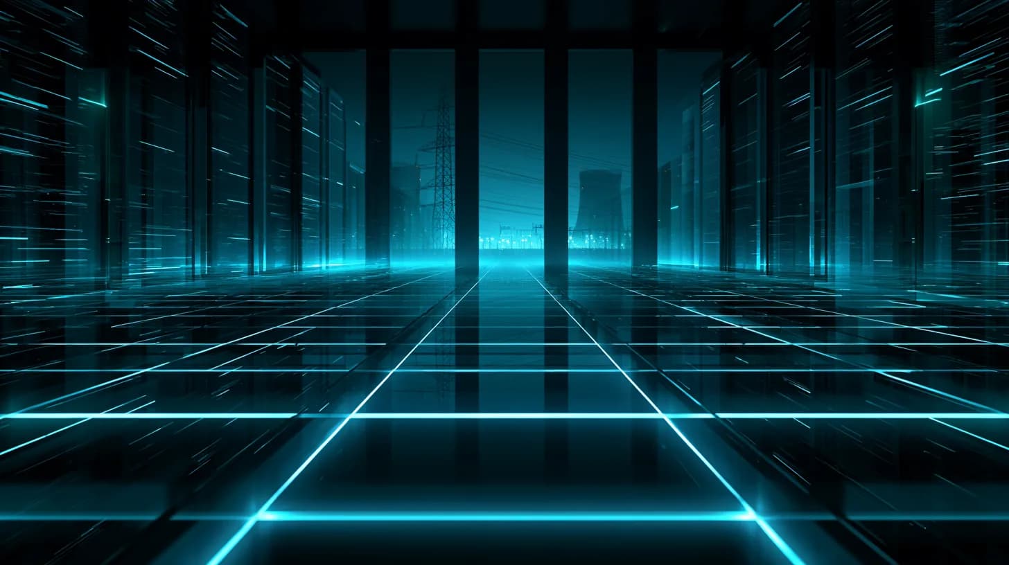 Sprawling data center hall at dusk with server racks, cooling towers, and transmission lines under a cool blue glow