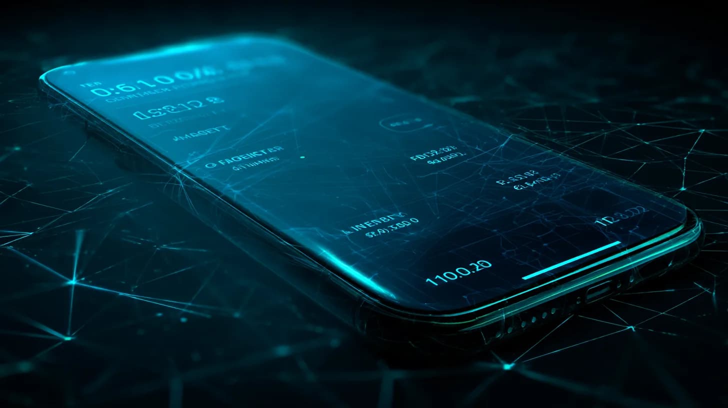 Smartphone showing a Facebook creator USDC payout confirmation with subtle Polygon and Solana motifs