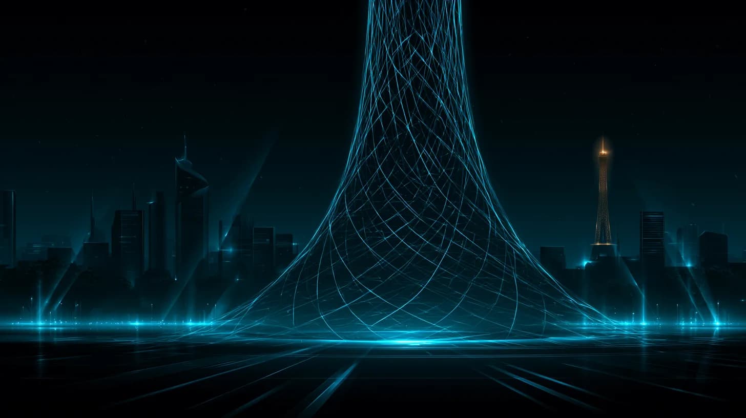 Glowing neural network sculpture rising over a stylized nighttime Paris skyline representing European AI ambition