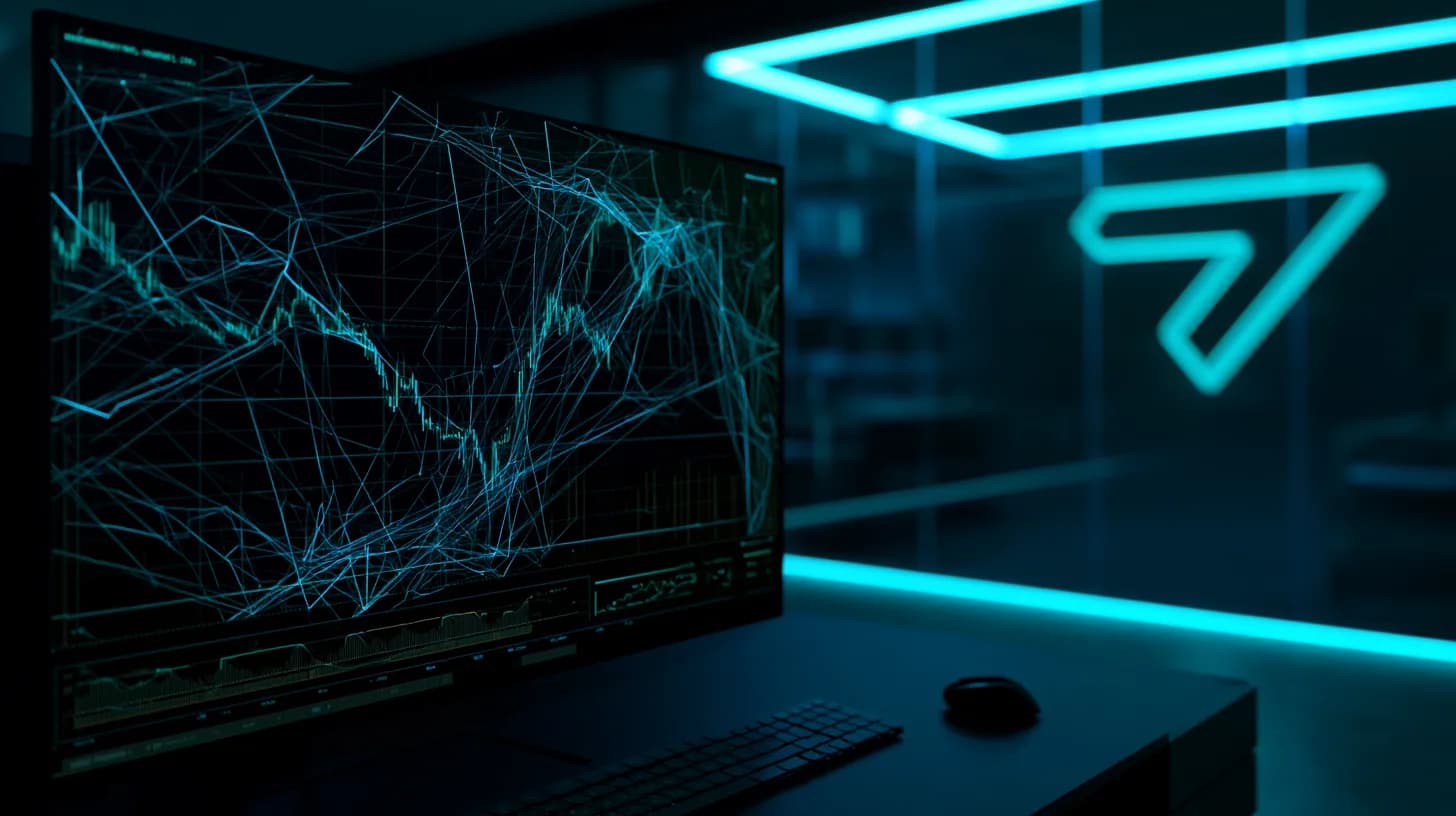 Trading terminal at dawn with neural network graphic overlay, illustrating MoonPay's acquisition of AI startup Dawn Labs