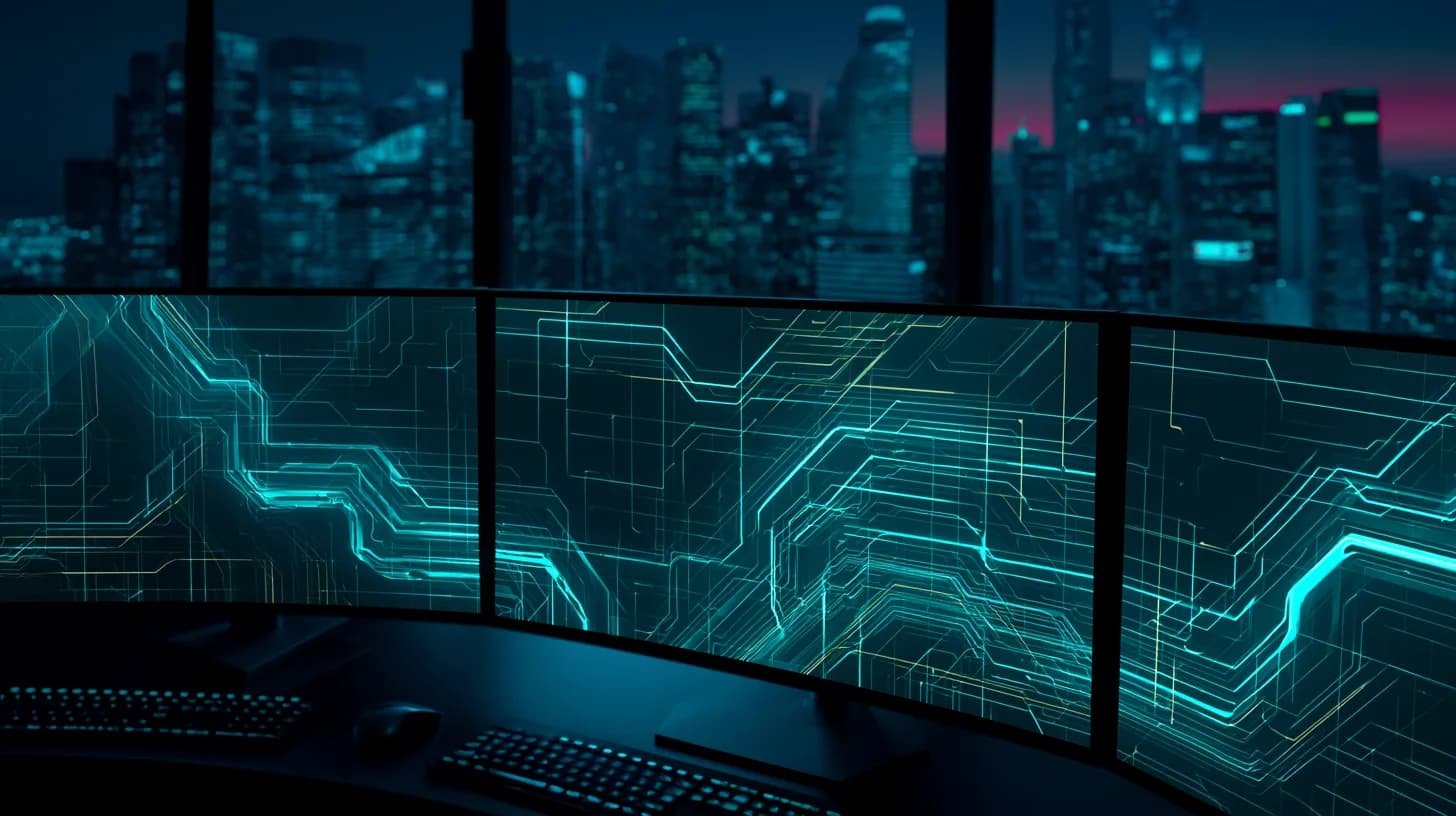 Singapore skyline at dusk with analyst workstation showing onchain wallet flow visualisations on multiple monitors