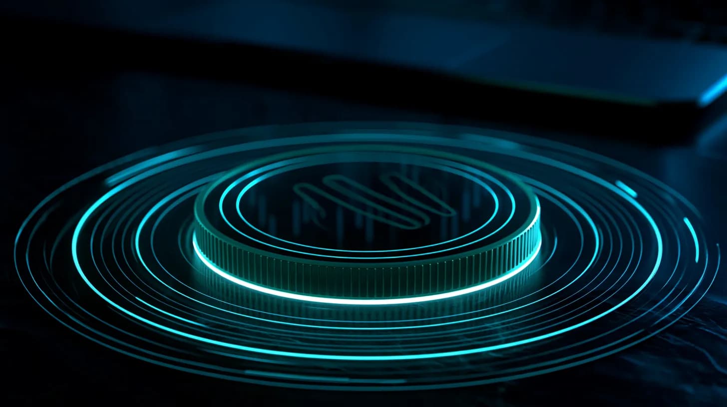 Glowing NEAR Protocol coin on a dark trading desk with candlestick chart reflections in the background
