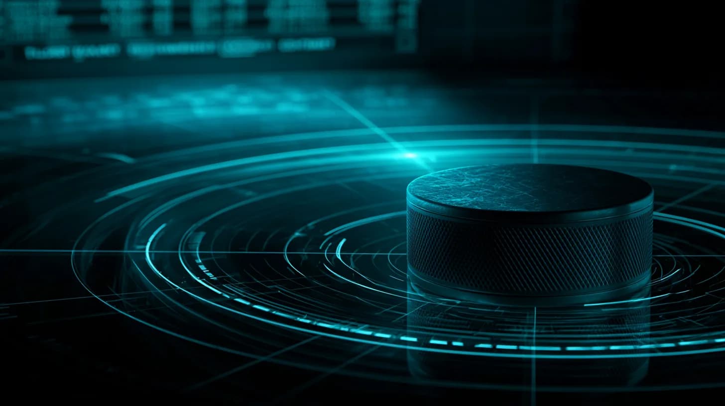 Hockey puck on a trading desk with a market terminal glowing in the background