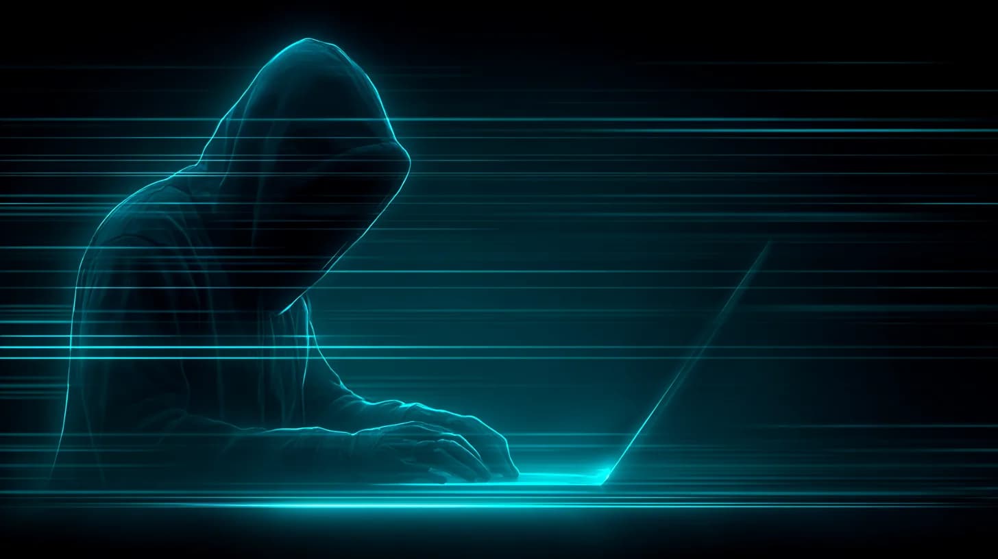 Hooded figure at a glowing terminal in a dim server room with crypto logos dissolving into code
