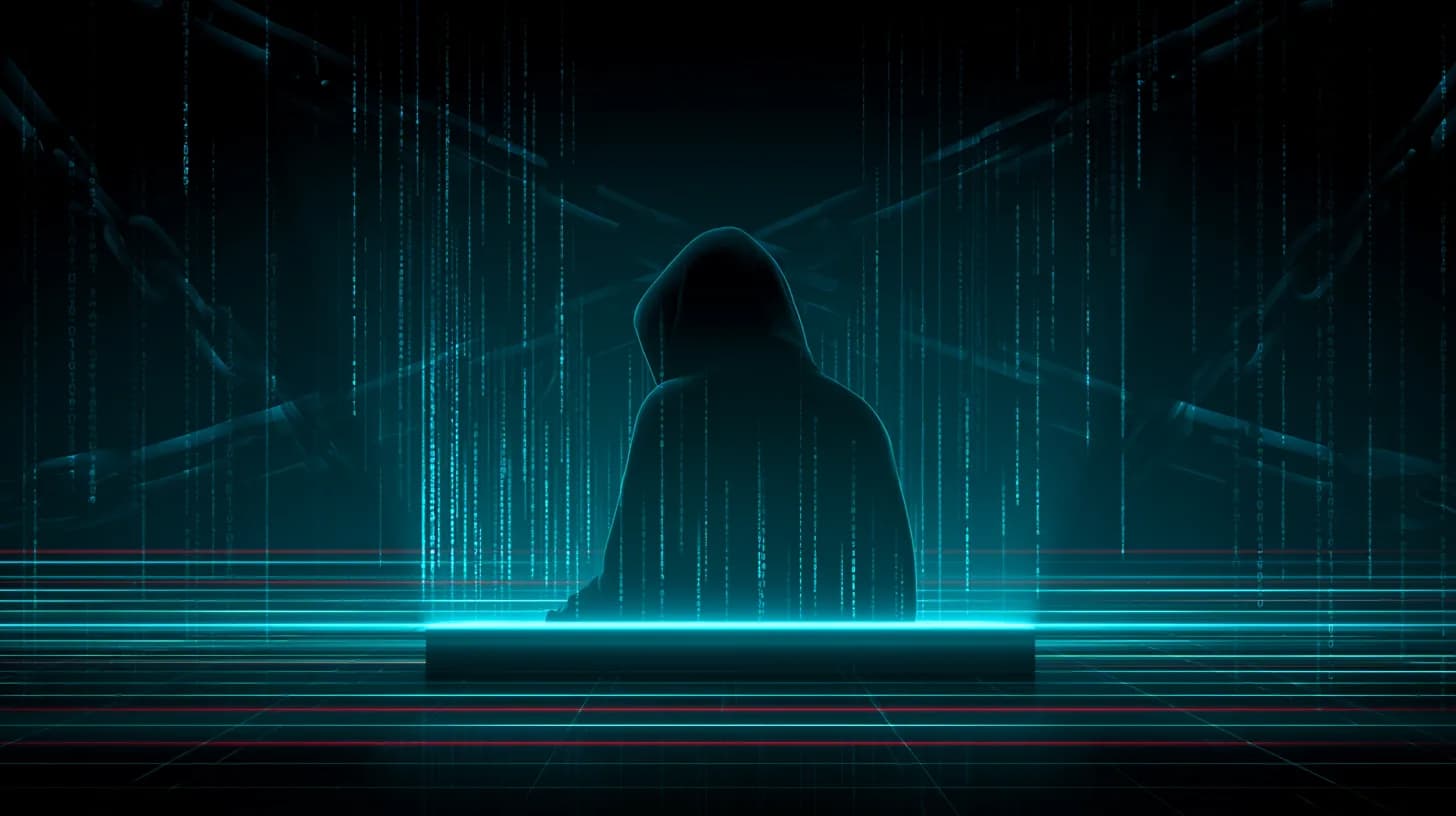 Shadowy hacker silhouette at terminal with broken blockchain bridge links and cold blue lighting