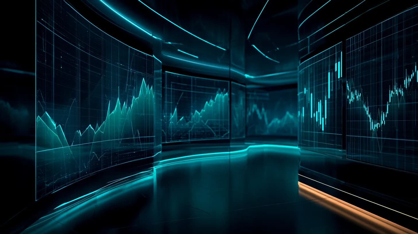 Trading floor monitors showing Nvidia stock chart rising alongside Bitcoin price candlesticks at dusk