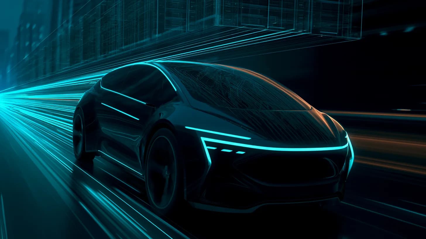 Autonomous robotaxi in a neon city with glowing data streams connecting to floating GPU server racks