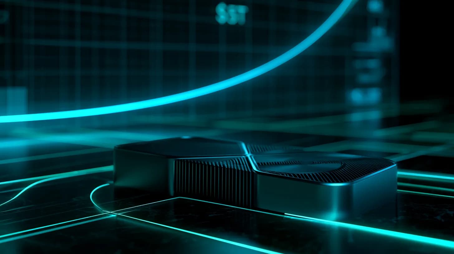 AI GPU accelerator on a dark trading desk with a rising market chart marking the $5 trillion milestone