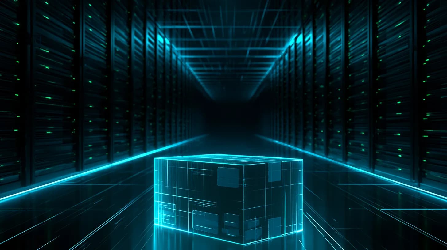 Rows of dark AI server racks in a data center aisle with a stenciled shipping crate in the foreground