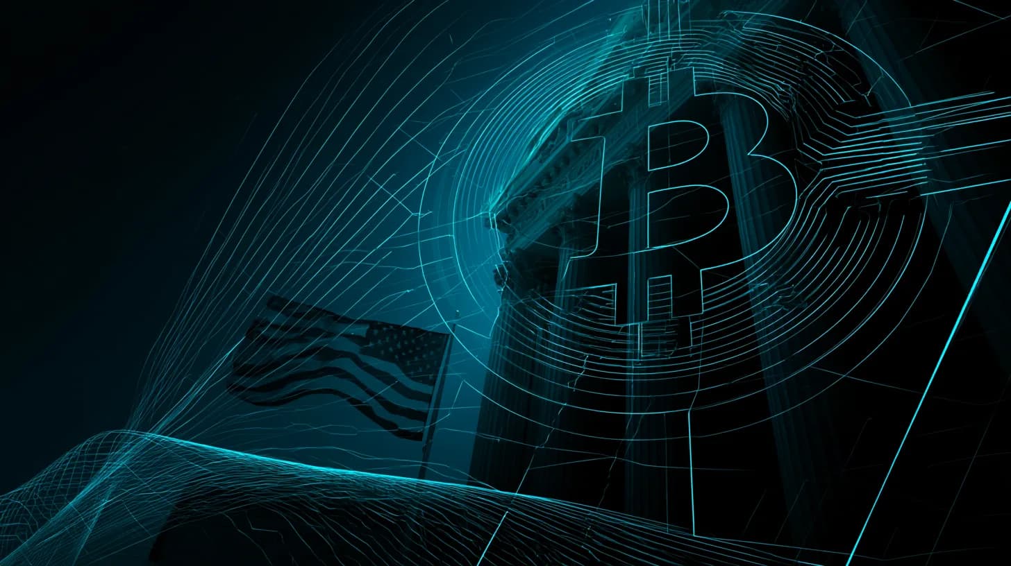 Federal courthouse at dusk with faint Bitcoin symbol overlay, illustrating Ohio crypto Ponzi sentencing