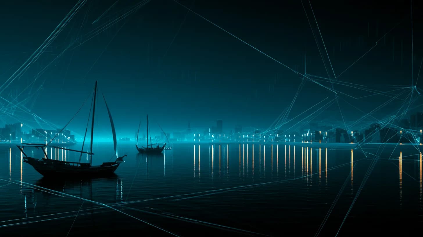 Muscat harbor at dusk with dhow boats and modern Gulf skyline under amber light