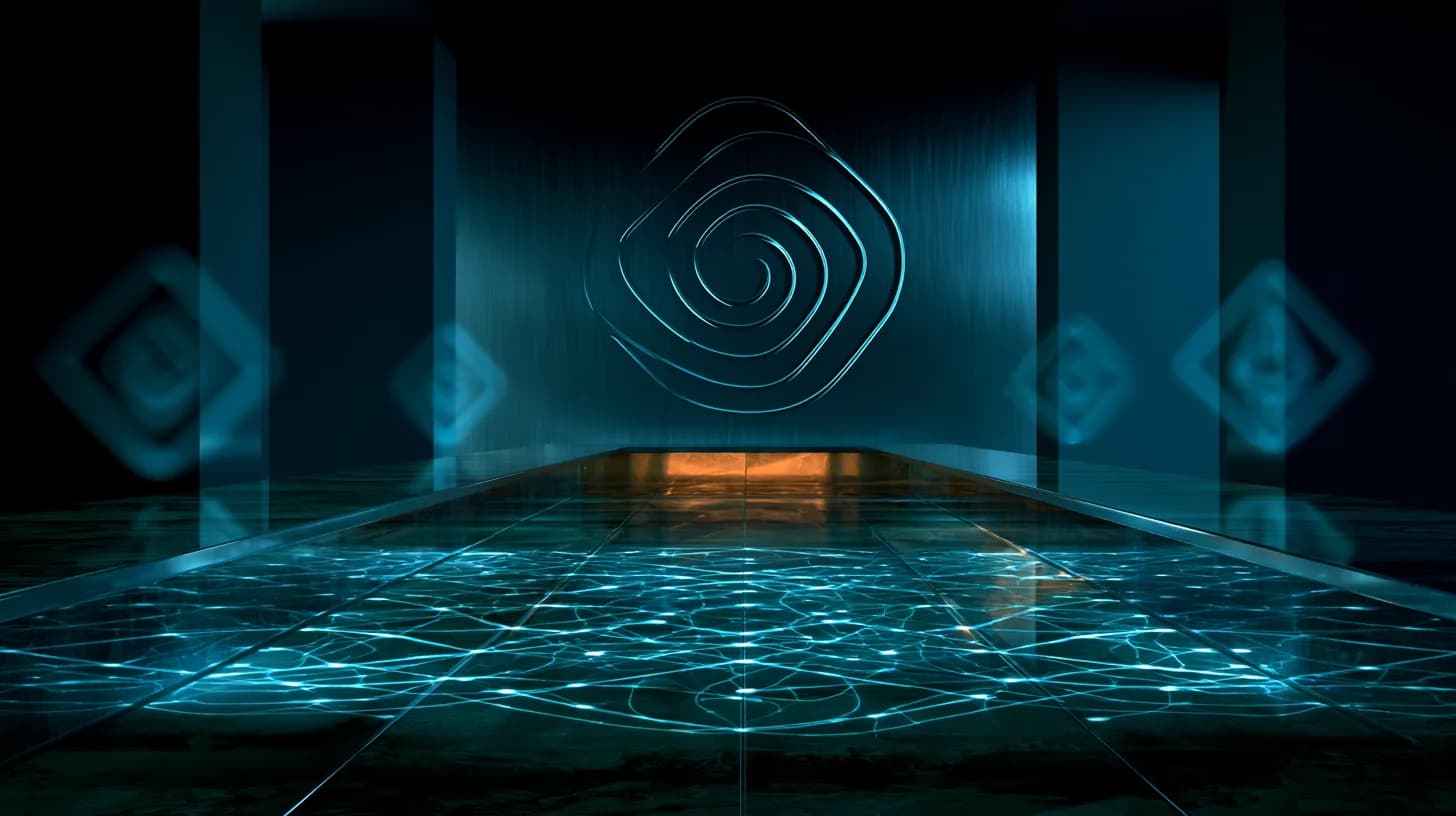Corporate boardroom with glowing neural-network motif and faint token glyphs in foreground