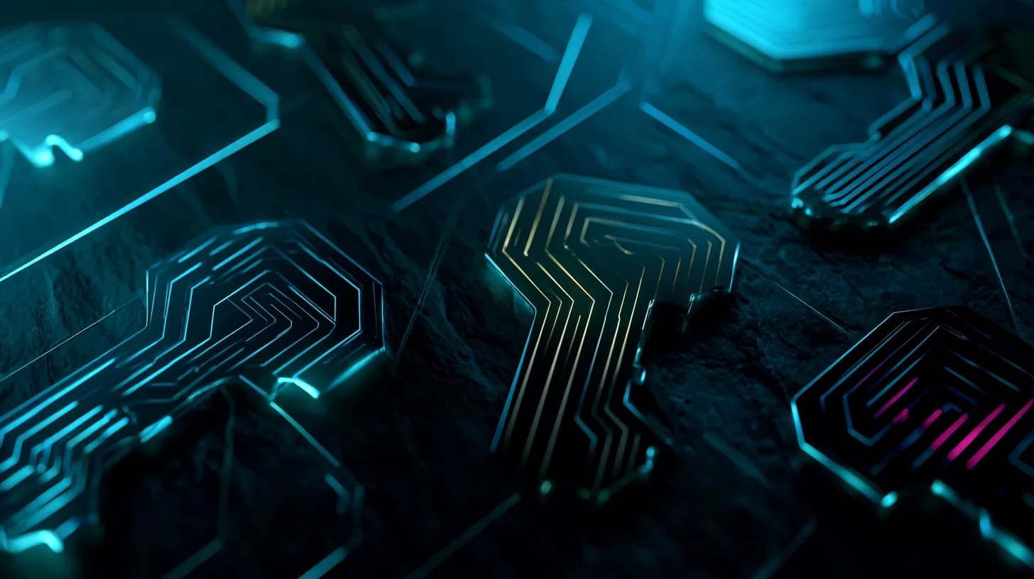 Three separate keys with distinct circuit etchings representing split DeFi multisig control