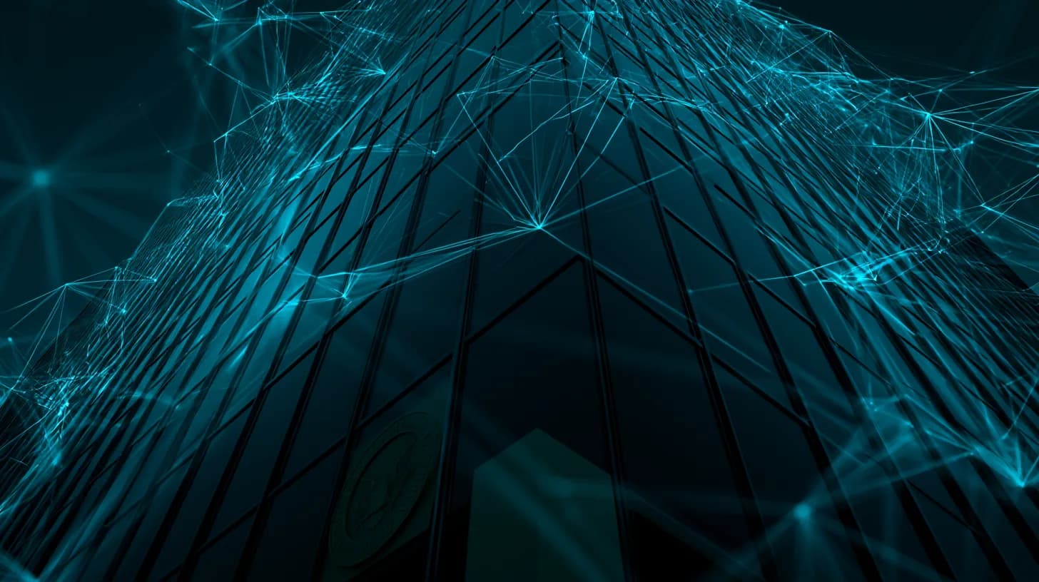 Lower Manhattan office tower at golden hour with a translucent blockchain node graph overlaid on the glass facade