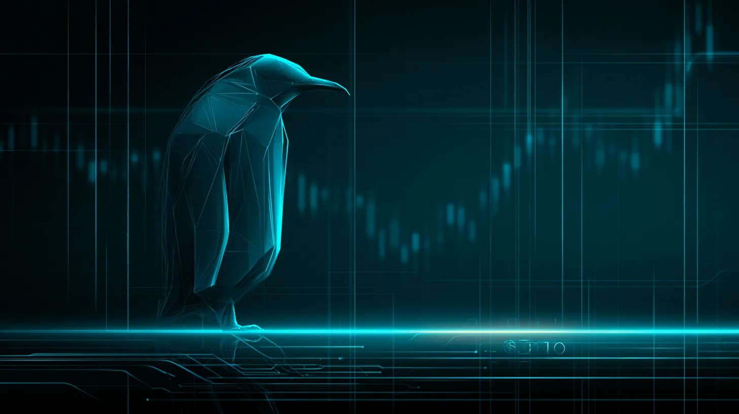 Stylised penguin standing on a glowing $0.010 price level above a sideways candlestick chart