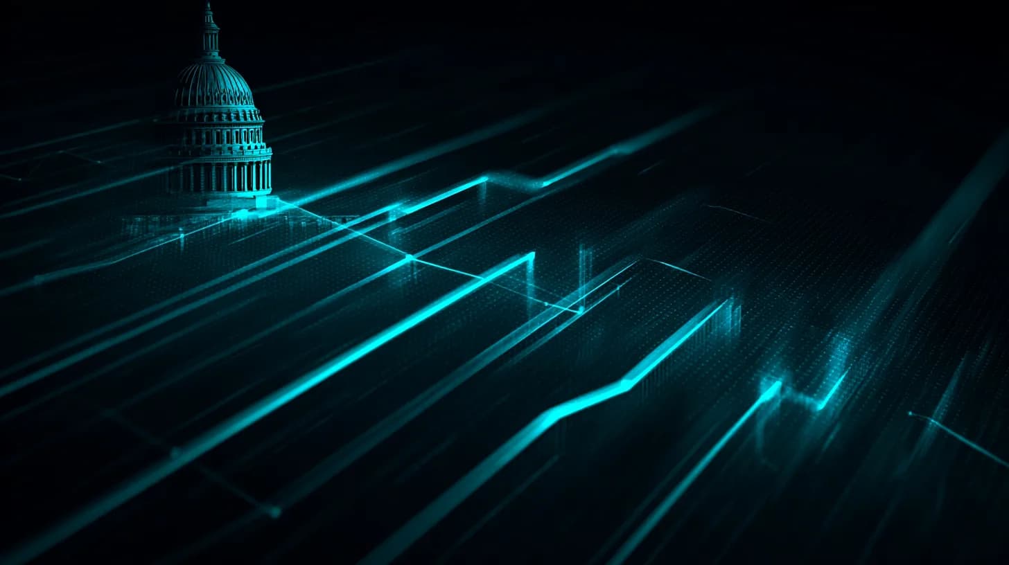 Capitol dome silhouette linked by a thin line to a glowing prediction-market order book grid.