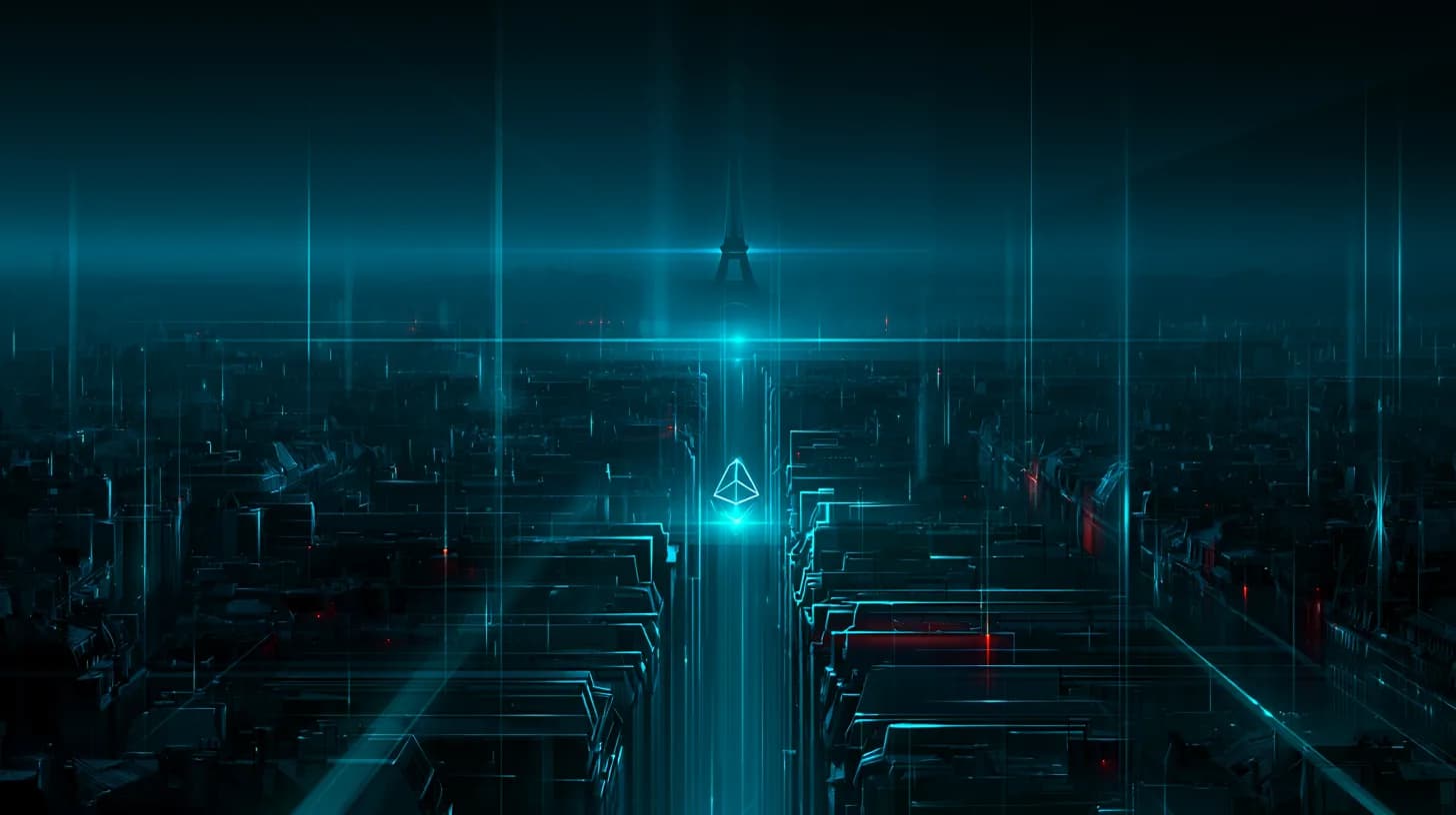 Paris skyline at dusk with subtle blue and red tones and a faint digital token glyph above the rooftops, illustrating PSG…