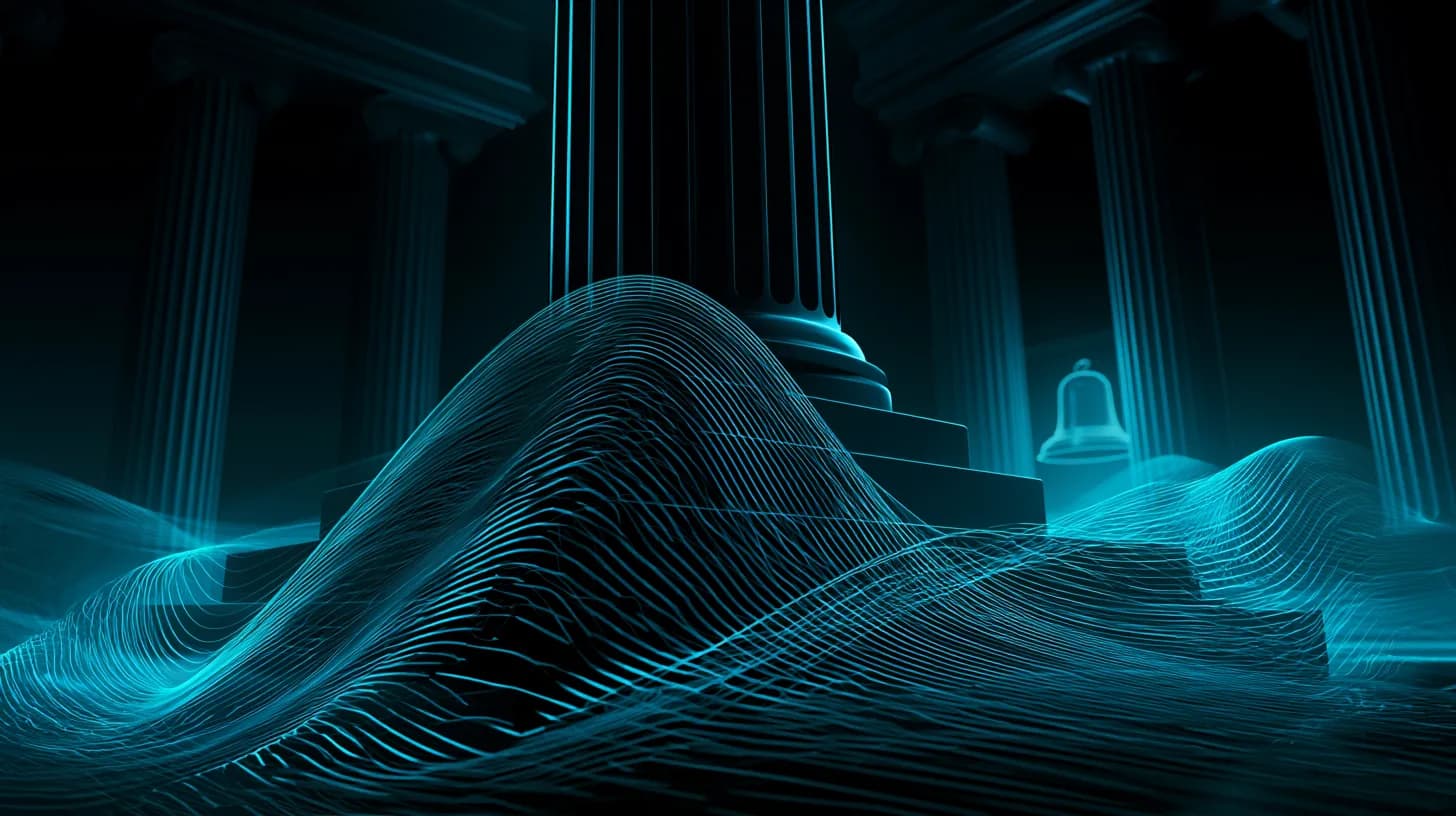 Trading floor with wave-shaped data streams rising toward an IPO bell under amber light