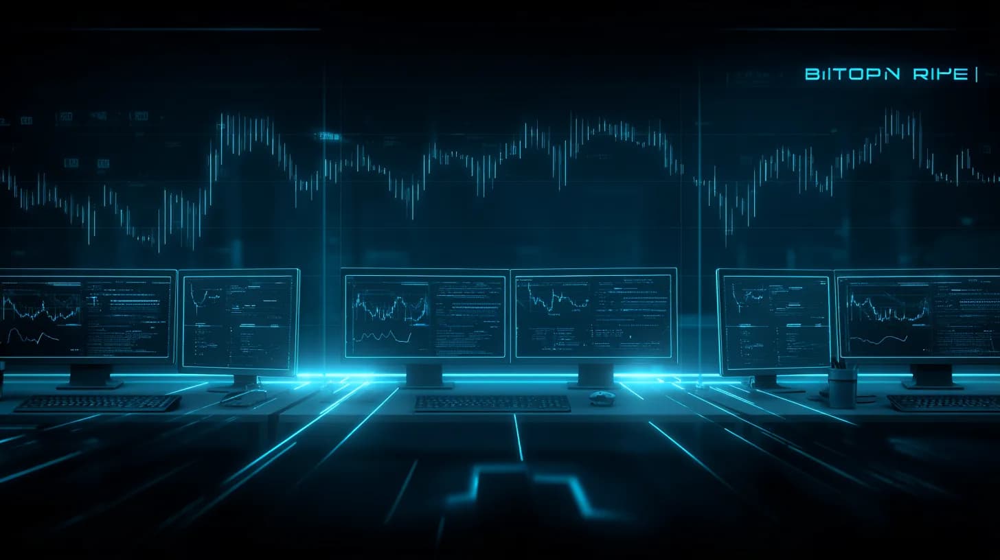 Institutional trading desk with Bitcoin options screens beside a Ripple Prime glass partition