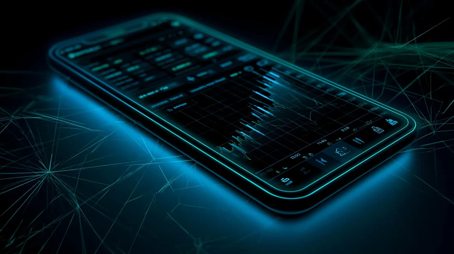 Smartphone showing a trading app dashboard with an AI neural-network glow over a portfolio