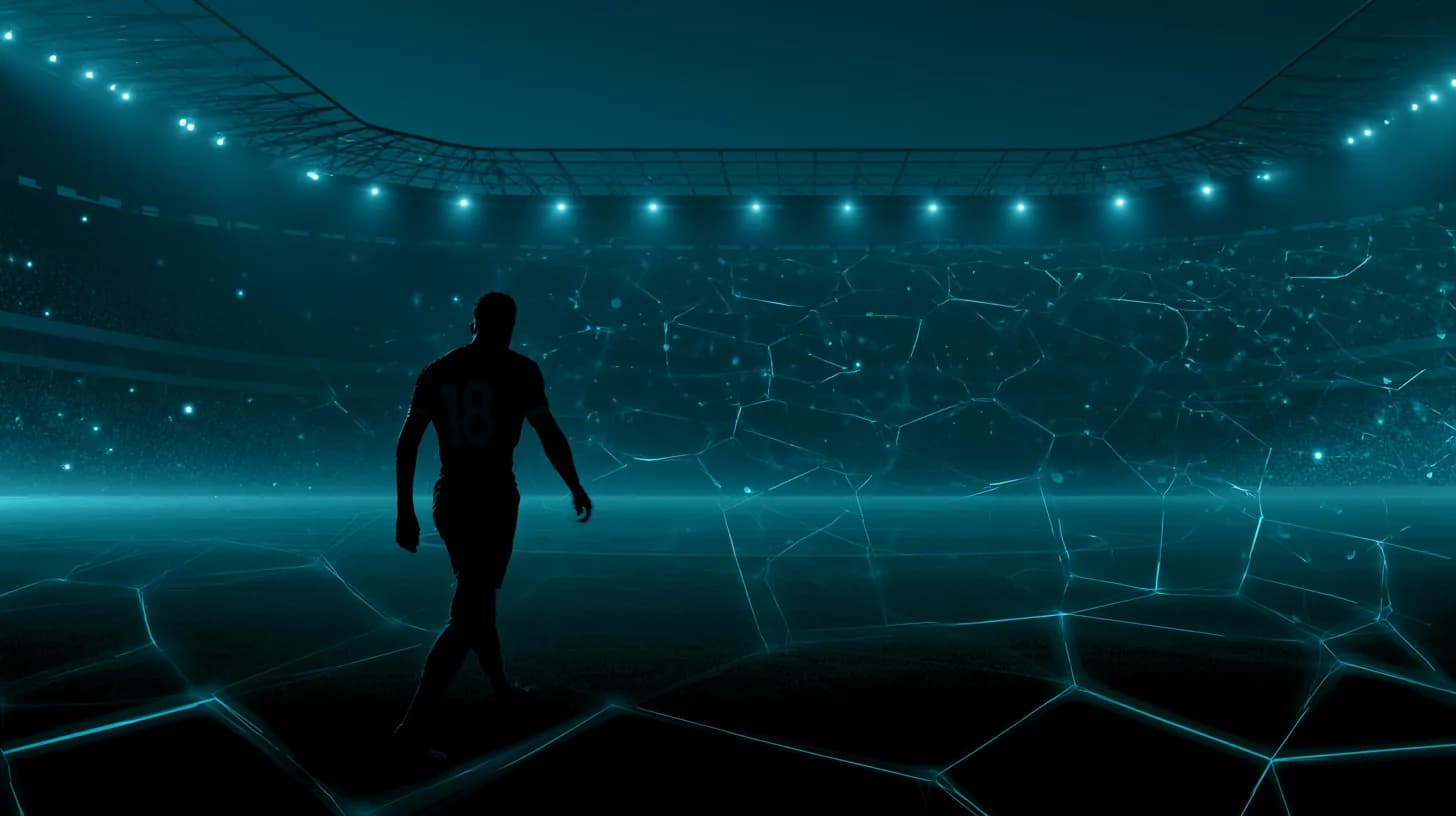 Soccer player walking onto a floodlit stadium pitch with faint crypto fan-token graphics projected on the stands