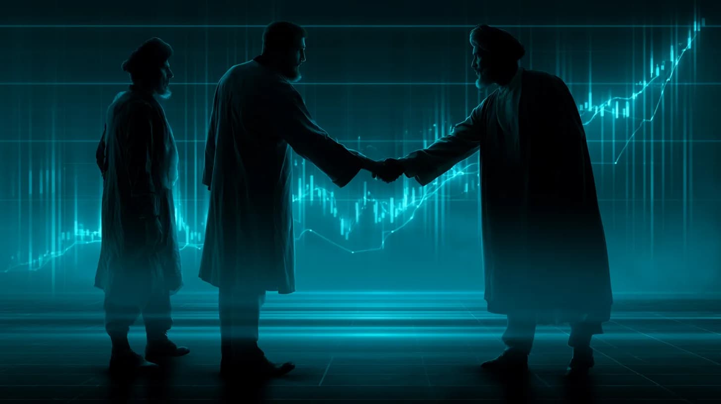 Silhouetted diplomatic handshake against a rising Bitcoin chart in muted blue and amber tones