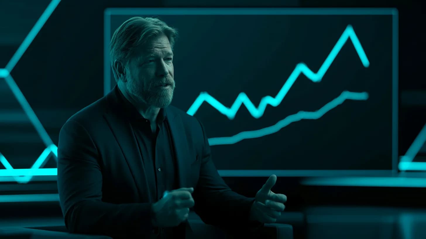 Executive on financial news set with bitcoin chart outperforming S&P 500 line on screen behind