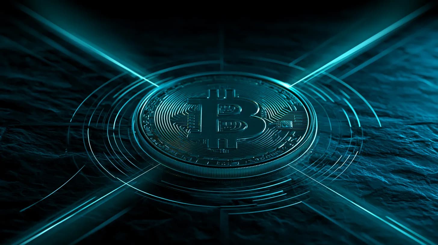 Bitcoin coin on dark slate with four converging light beams symbolizing four forces