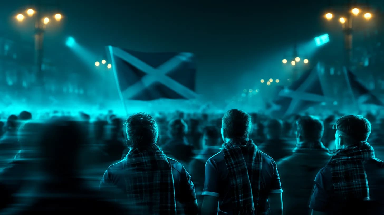 Tartan Army supporters celebrate Scotland's World Cup qualification in Glasgow's George Square at night