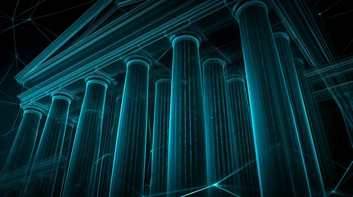 U.S. federal building facade merging with blockchain nodes and stock ticker tape, illustrating SEC tokenized stocks framework