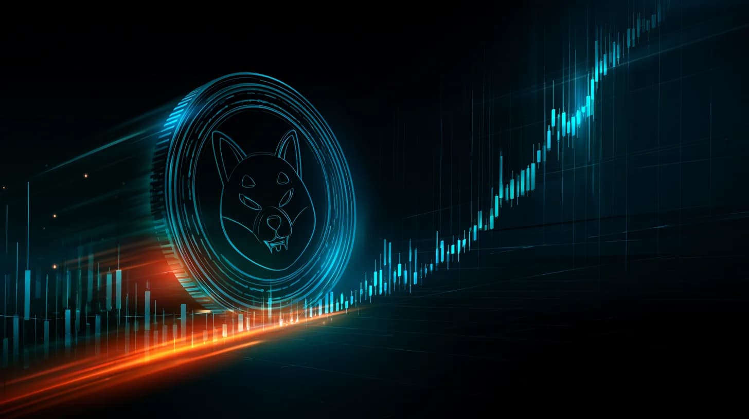 Shiba Inu coin symbol rising above an upward-trending candlestick chart in orange and red tones