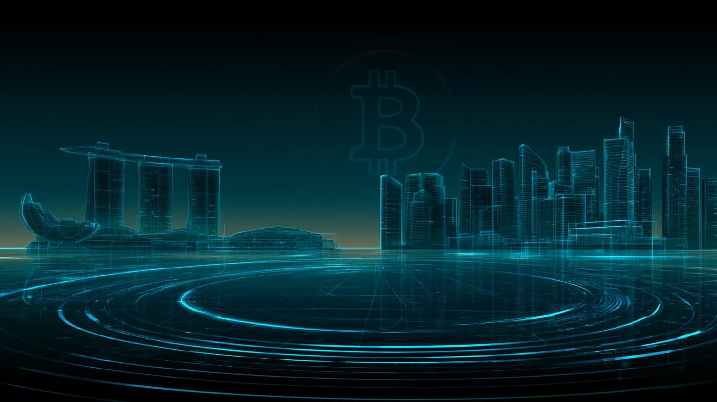 Singapore Marina Bay skyline at dusk with faint Bitcoin symbol over the financial district