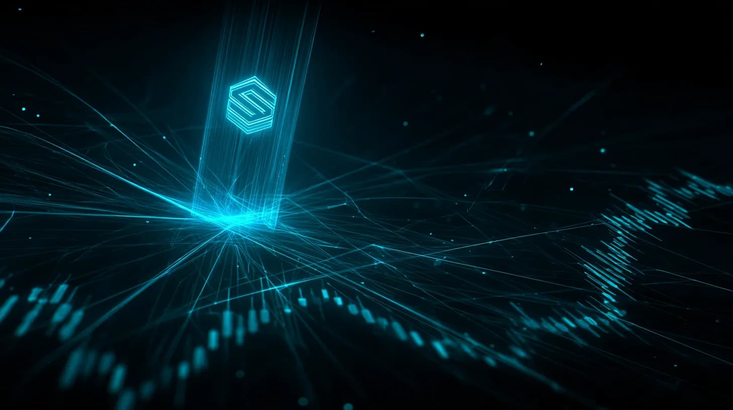 Solana logo as a luminous prism with AI-agent network branches over a dark financial chart background, editorial…