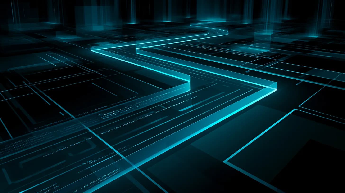 Stylised payment rail in Solana purple and Google blue crossing a dark abstract data-center landscape