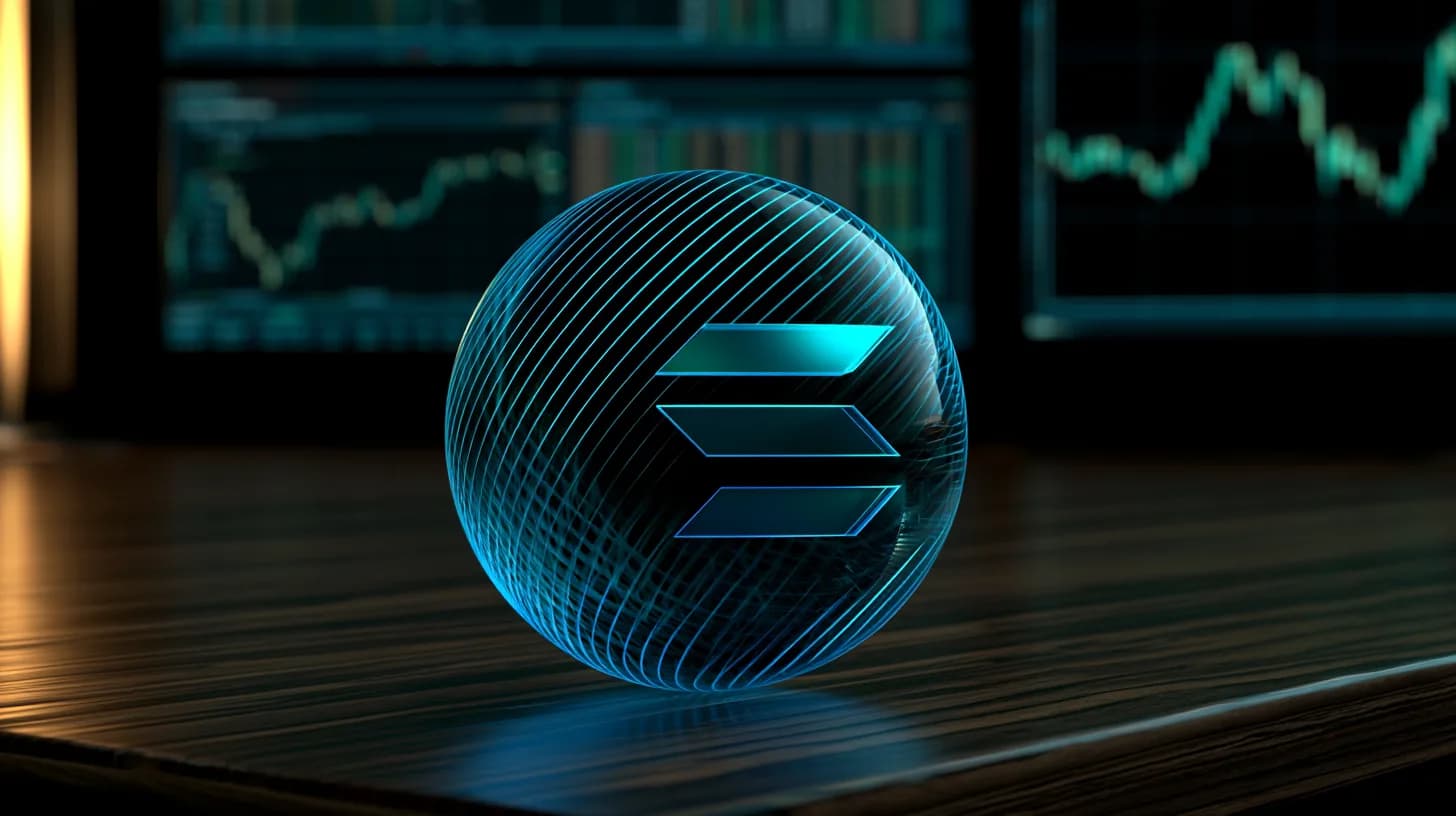 A translucent Solana logo crystal sphere rests on a dark trading desk against blurred candlestick chart screens.