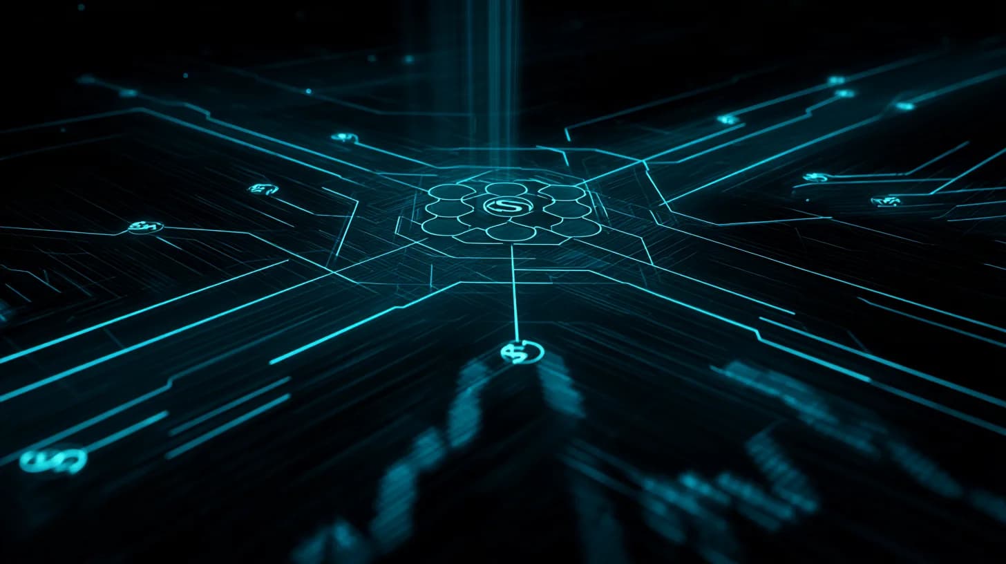 Solana logo at the center of a stablecoin payments network with Meta and Visa nodes, candlestick chart embossed below