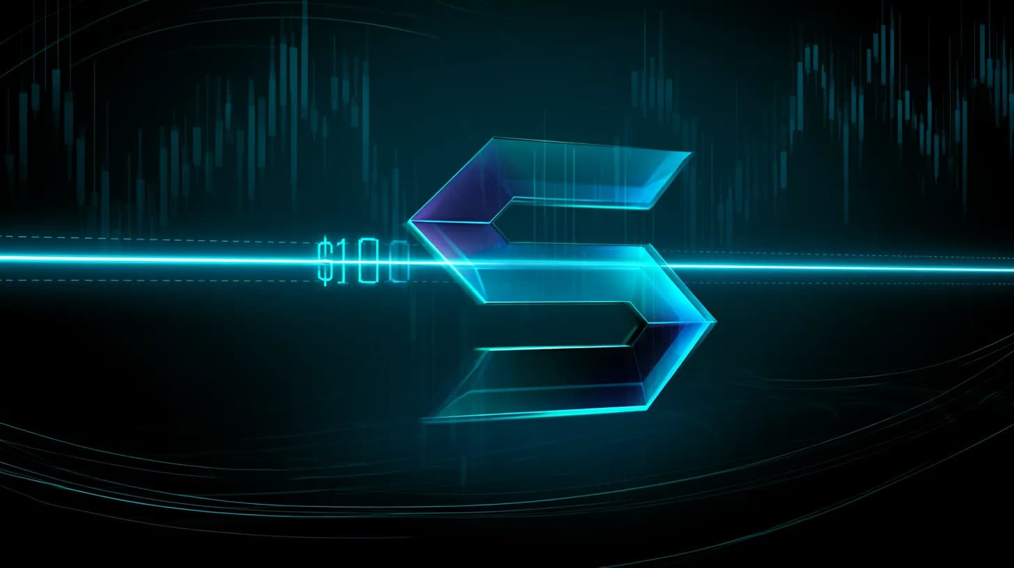 Solana logo pressing against a $100 resistance line on a dark trading-chart backdrop