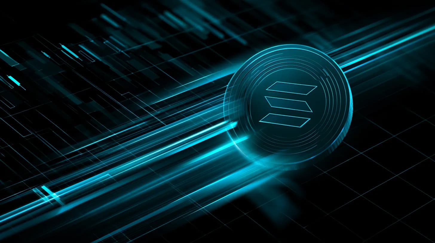 Solana SOL token breaking through a stylized chart resistance line in purple and teal editorial illustration