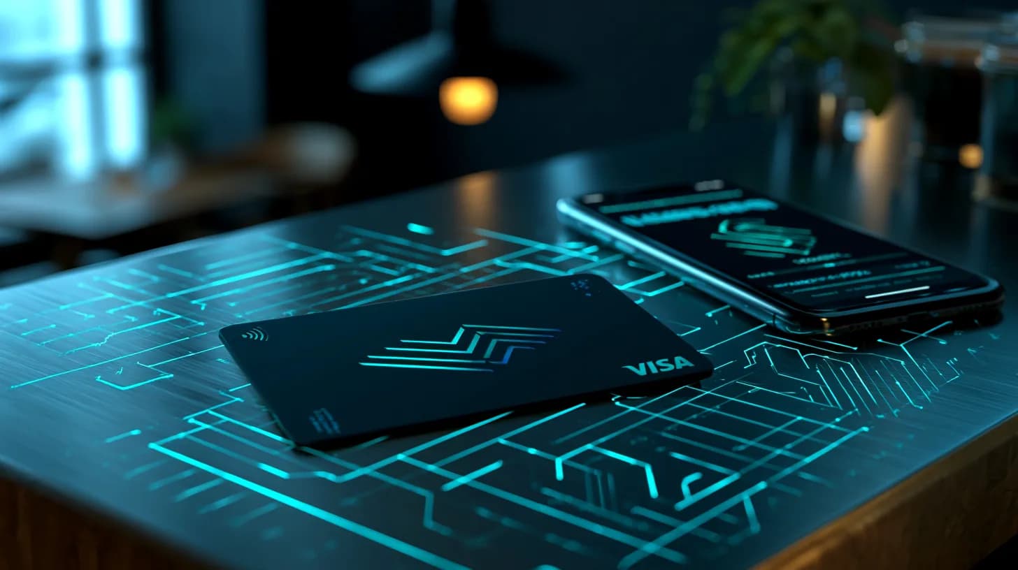 Matte black Solayer payment card on a café counter beside a phone showing a USDC wallet balance in soft morning light