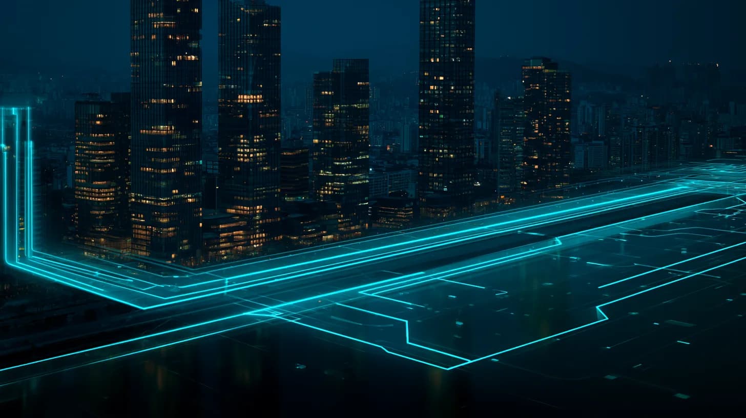 Seoul financial district skyline at dusk with translucent tokenized ledger overlay above Han River