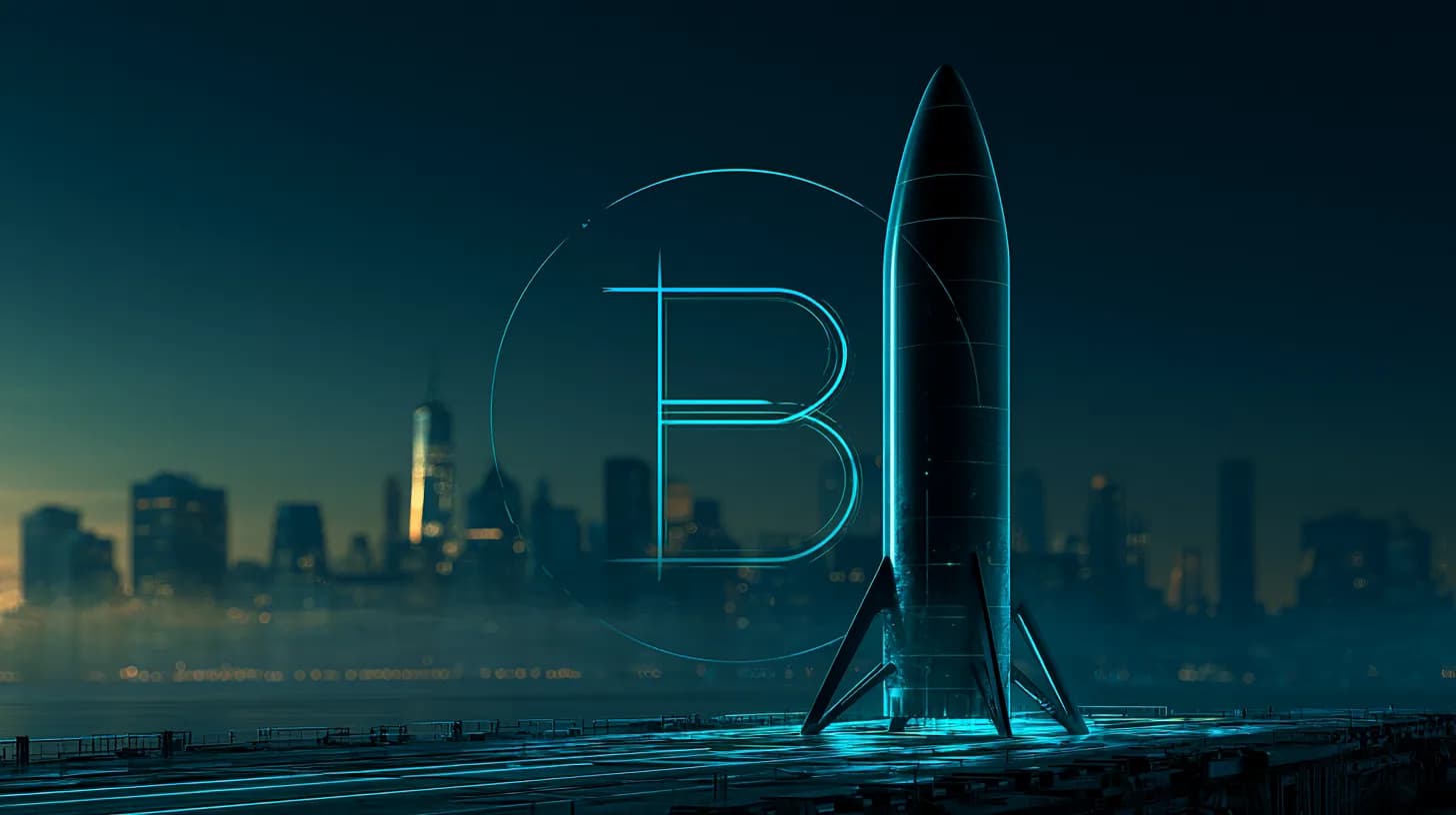 Falcon rocket on launchpad at sunrise with Bitcoin logo on fairing, Wall Street skyline in background