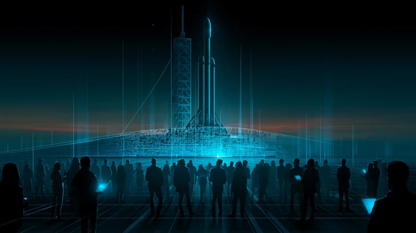SpaceX Falcon rocket on launch pad with stock ticker tape and retail investor crowd in foreground at dawn