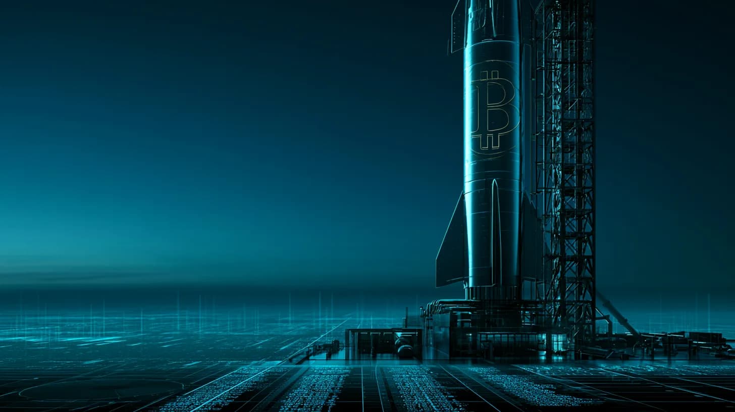 Rocket on launchpad at dusk with faint bitcoin emblem on fuselage representing SpaceX BTC disclosure