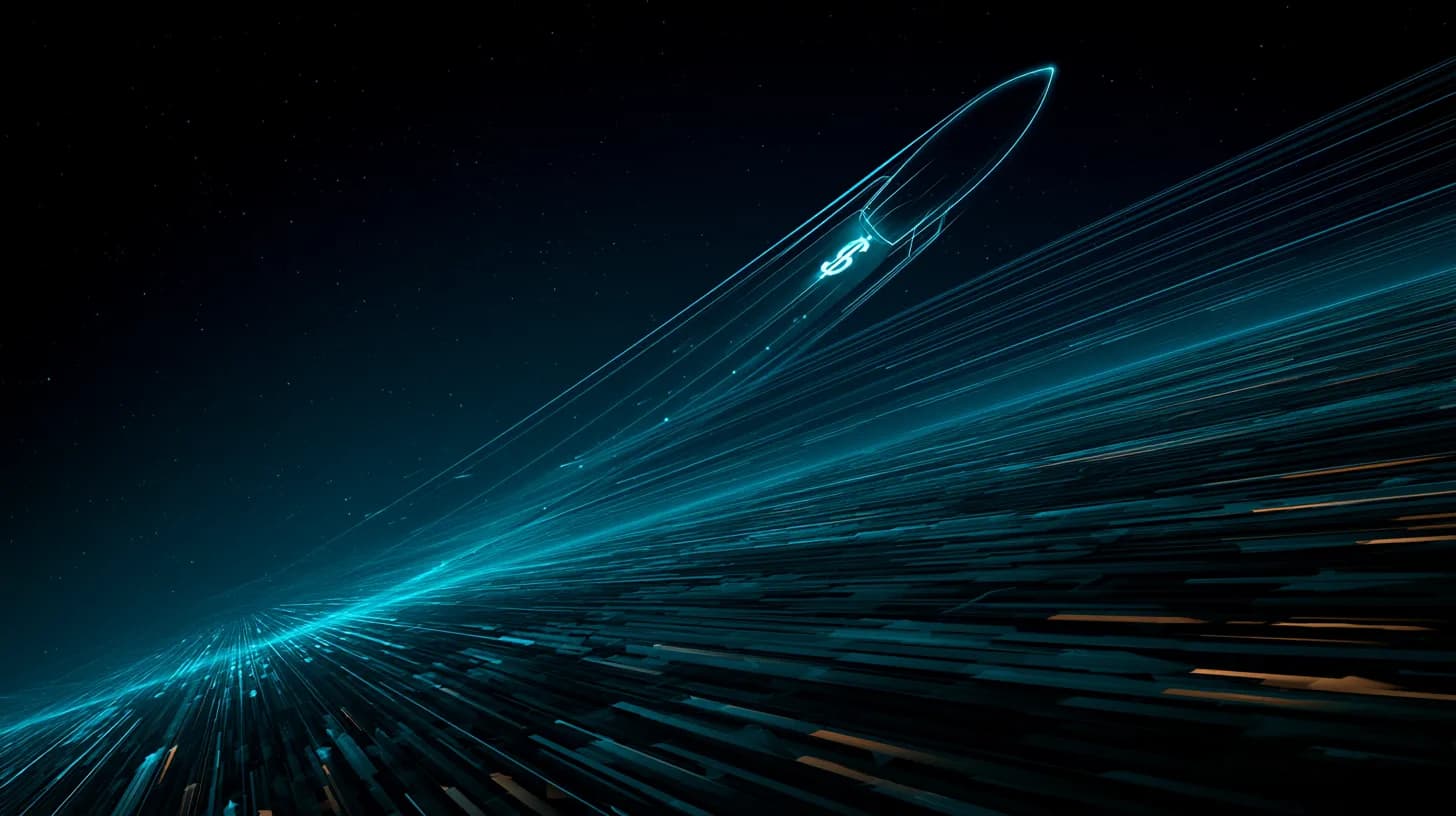 Stylized rocket rising past a financial ticker tape against a dark starfield, illustrating the SpaceX IPO test of the Elon…