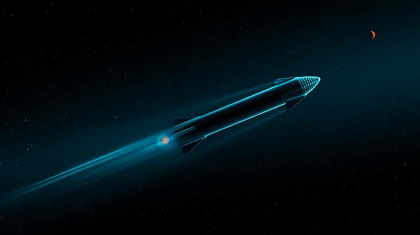 SpaceX Starship rocket ascending toward a small red Mars in a black starfield