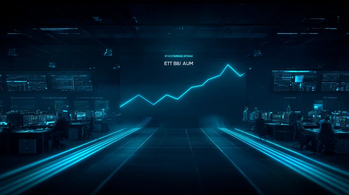 Institutional trading floor screens showing spot Bitcoin ETF assets crossing $102 billion threshold
