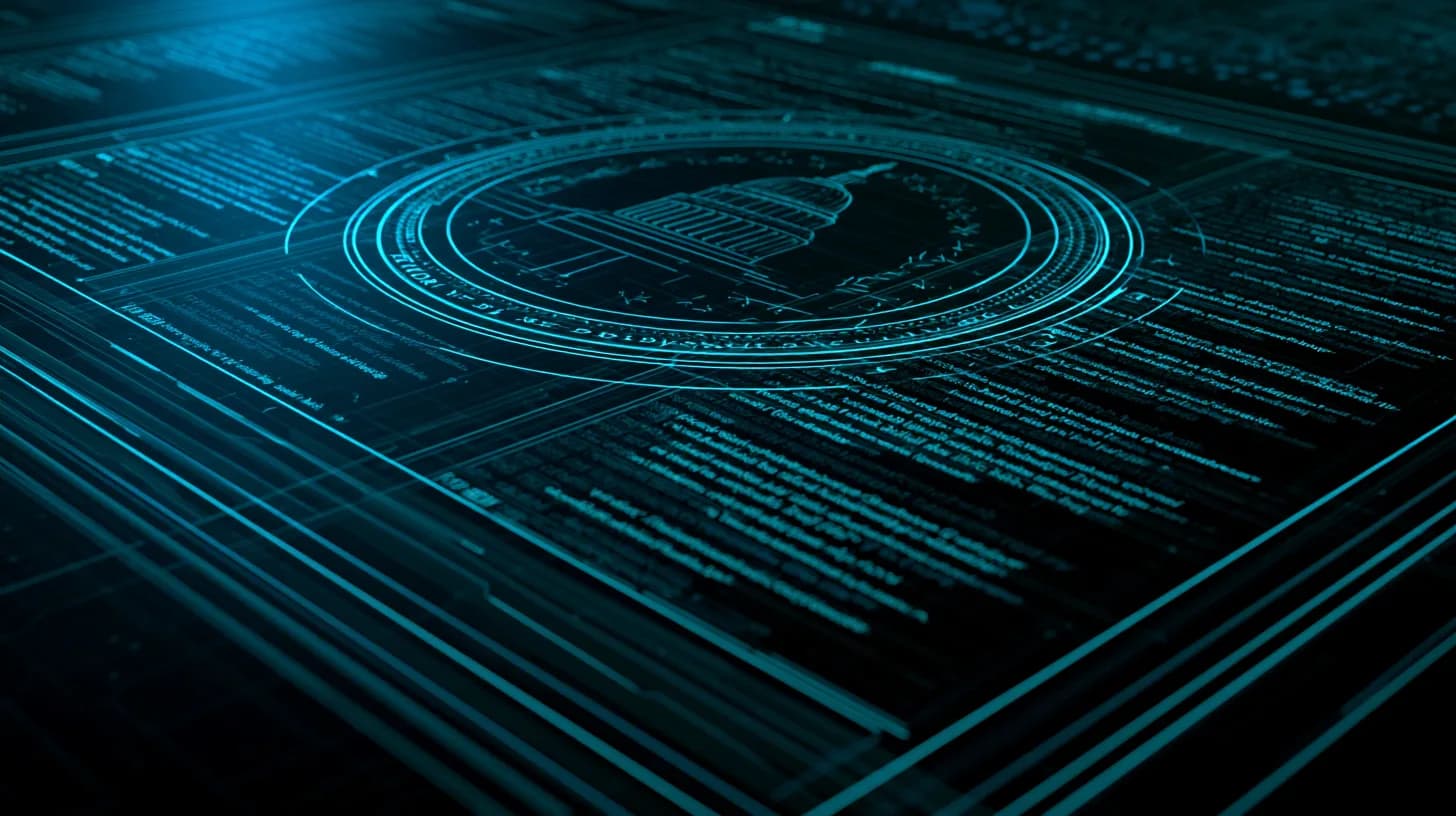 Illustration of a trading terminal streaming a live policy feed against the U.S. Capitol and Federal Reserve seal