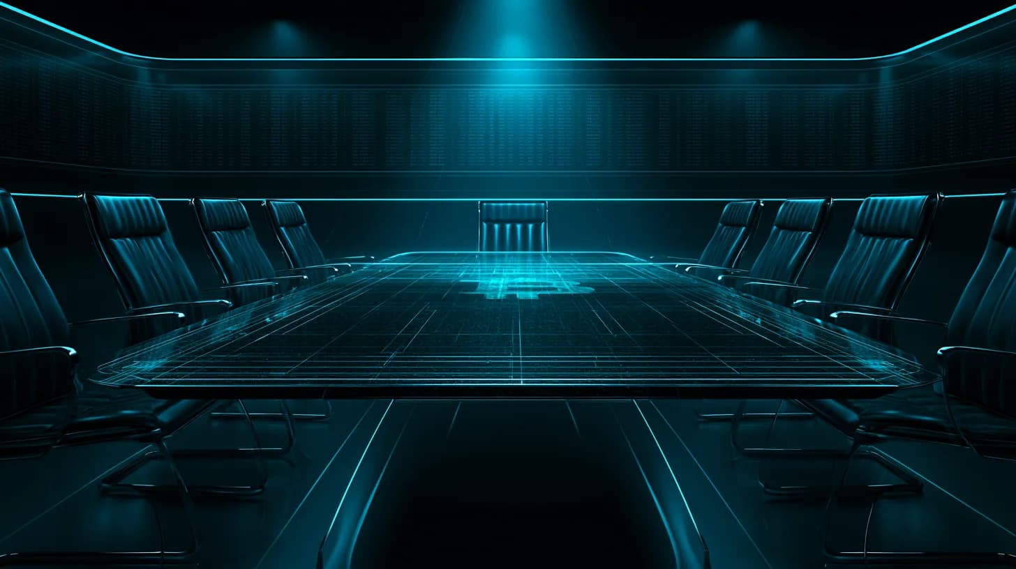 Empty corporate boardroom at night with amber Bitcoin glow reflecting on a polished conference table